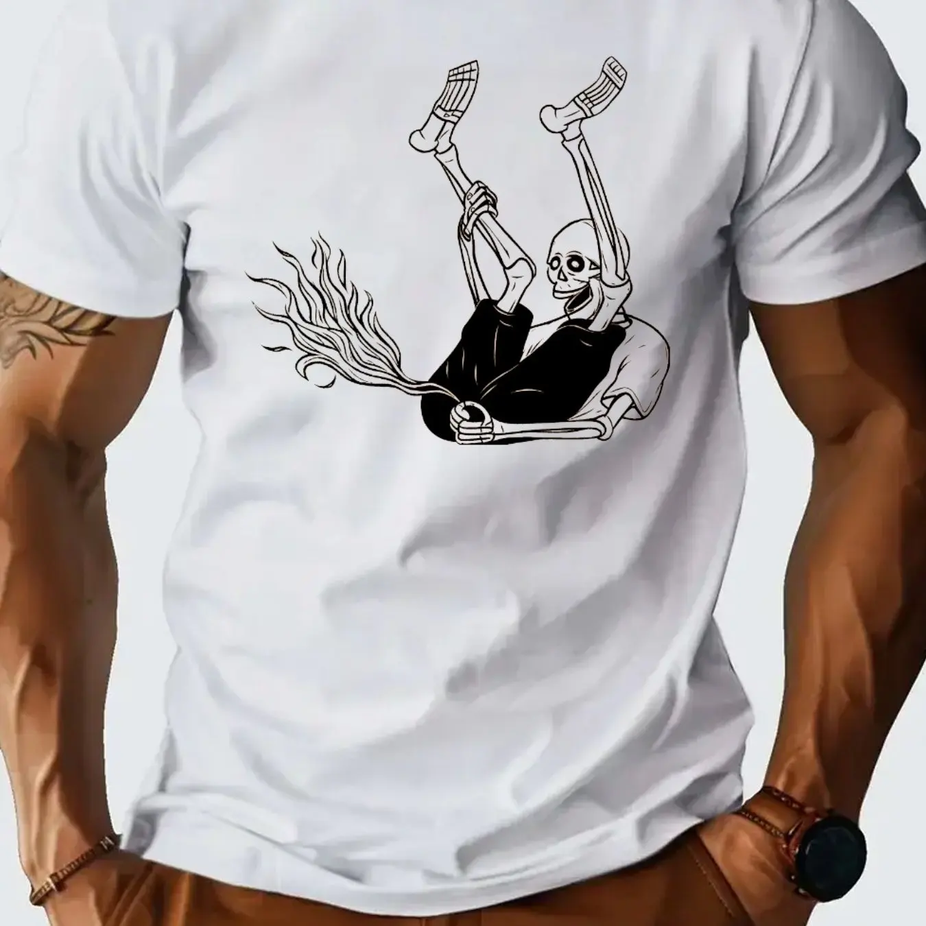 Men Cotton Skateboard Skeleton Graphic T-Shirt Breathable Summer Tee with Skull Print Machine Washable Multiple Colors