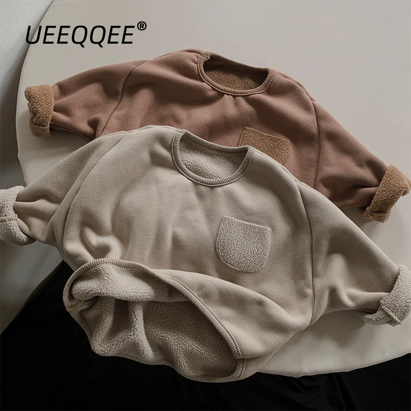 Autumn Winter Children Sweatshirts 1-8Y Boys Girls Warm Fleece Thick Pocket Pullover Korean Toddler Wear Kids Clothing 2024 New