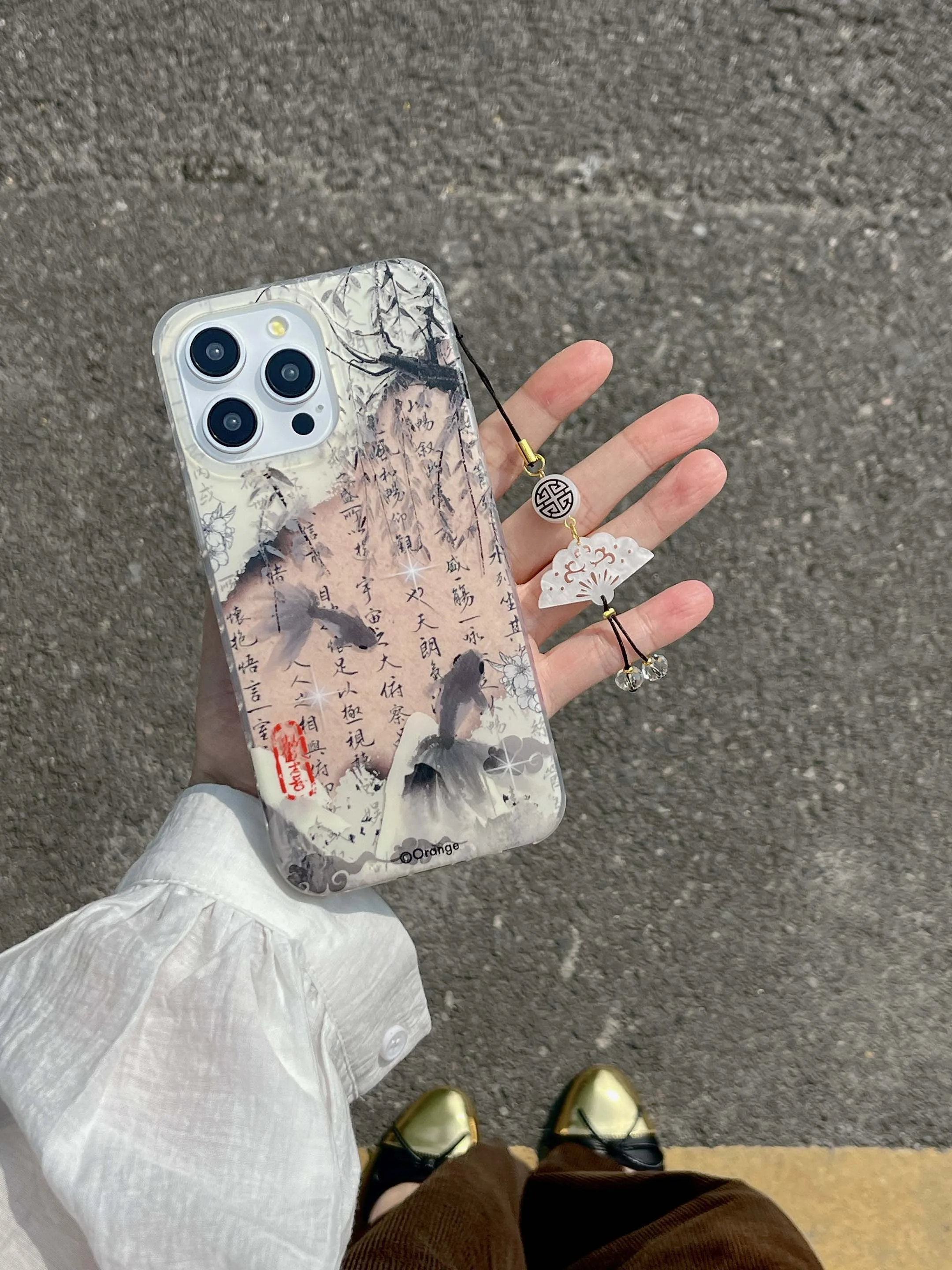 Chinese wash painting calligraphy phone case for iphone 13 15 13pro 15pro 14pro 14 12 pro max 14promax 3D fan bracelet fundas