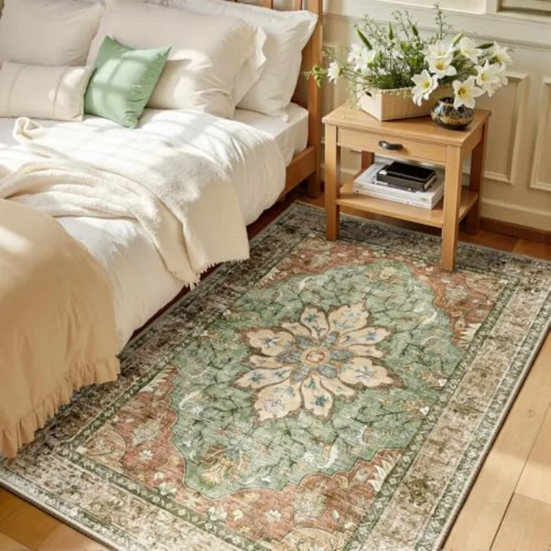 Rug Vintage Floral Border Print Decorative Floor Carpet for Living Room Bedroom Farmhouse Bohemian Retro Aesthetic Home