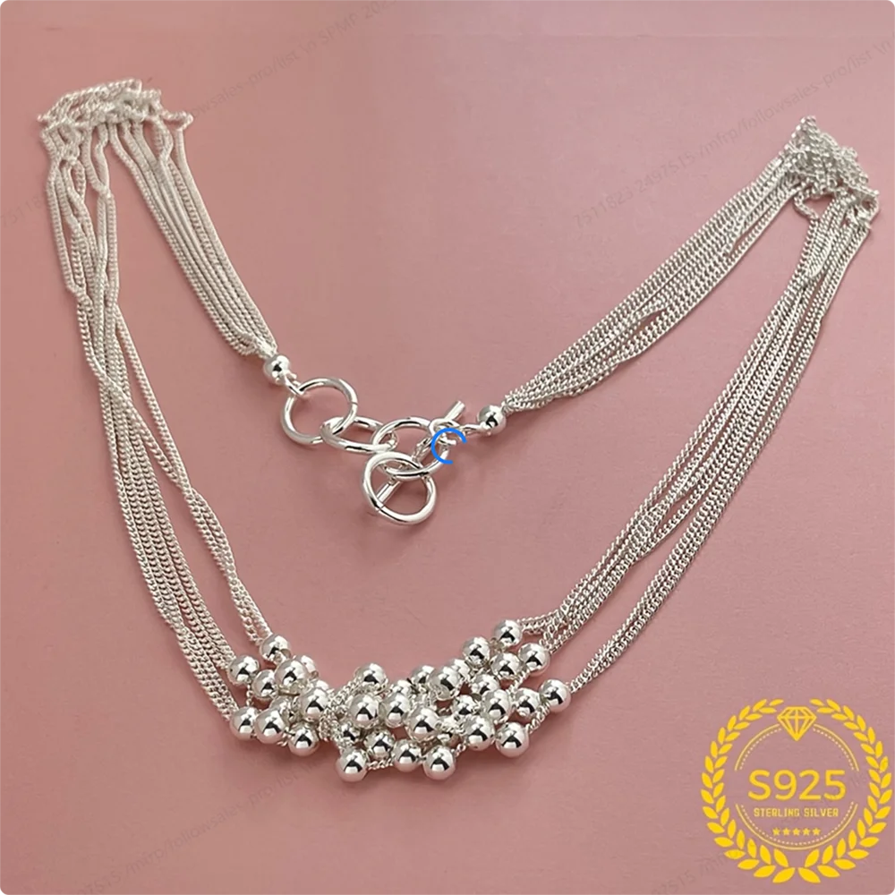 

925 Sterling Silver 45cm Delicate Beaded Necklace for Men and Women, Fashionable Wedding Gift Jewelry Accessories