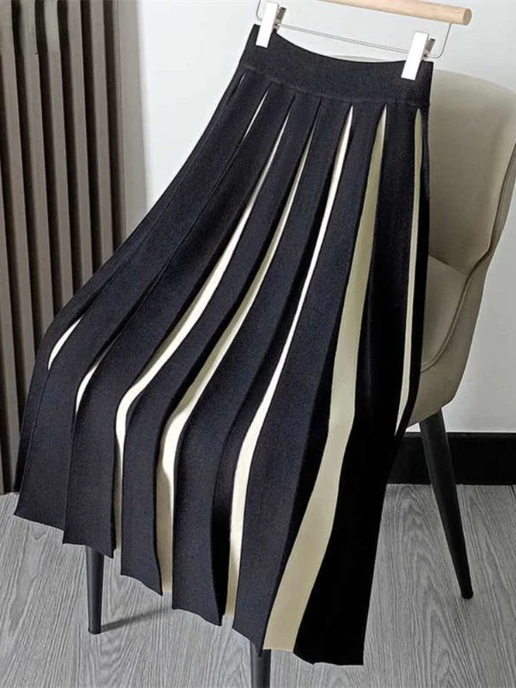 Autumn Winter Knitted Skirt Female High-waisted Green Thick Pleated Skirts Woman Contrast Color Vintage Fashion Faldas