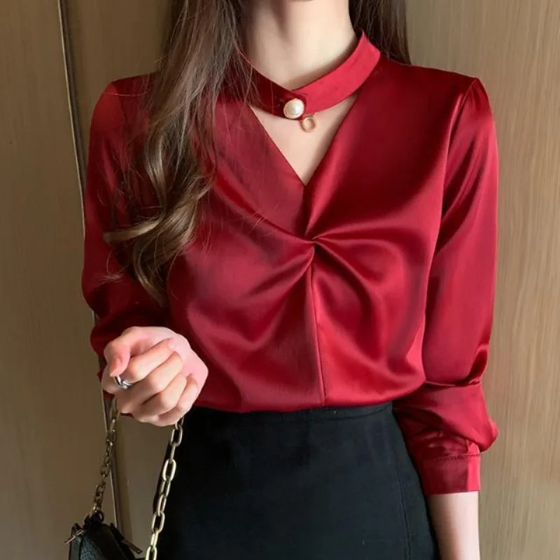 Elegant Women Chic Satin Shirt Korean Fashion New Spring Autumn Fashion Long Sleeve Embroidered Flares Solid Office Lady Blouse