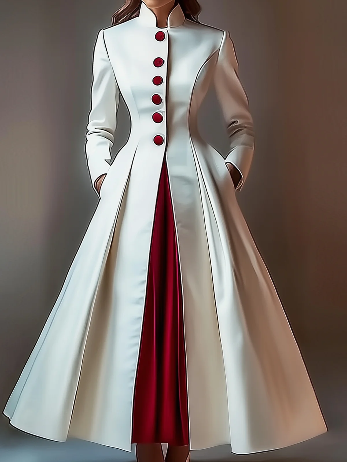 エレガントなAラインサテンマキシ丈ワンピース レディース 無地 パーティー イブニング ロングコートワンピース シングルブレスト ポケット スタンドカラー レディースドレス