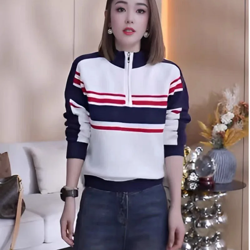 Autumn Winter Striped Stand Collar Zipper Thin Tops Elegant Loose Pullovers Women Clothing Fashion Casual Knitted Sweaters