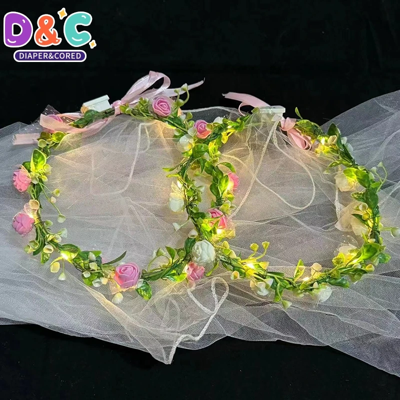 Corona luminosa de estilo forestal para mujer y niña, corona de flores y plantas de boda Rural, diadema con luz LED, decoración para el cabello