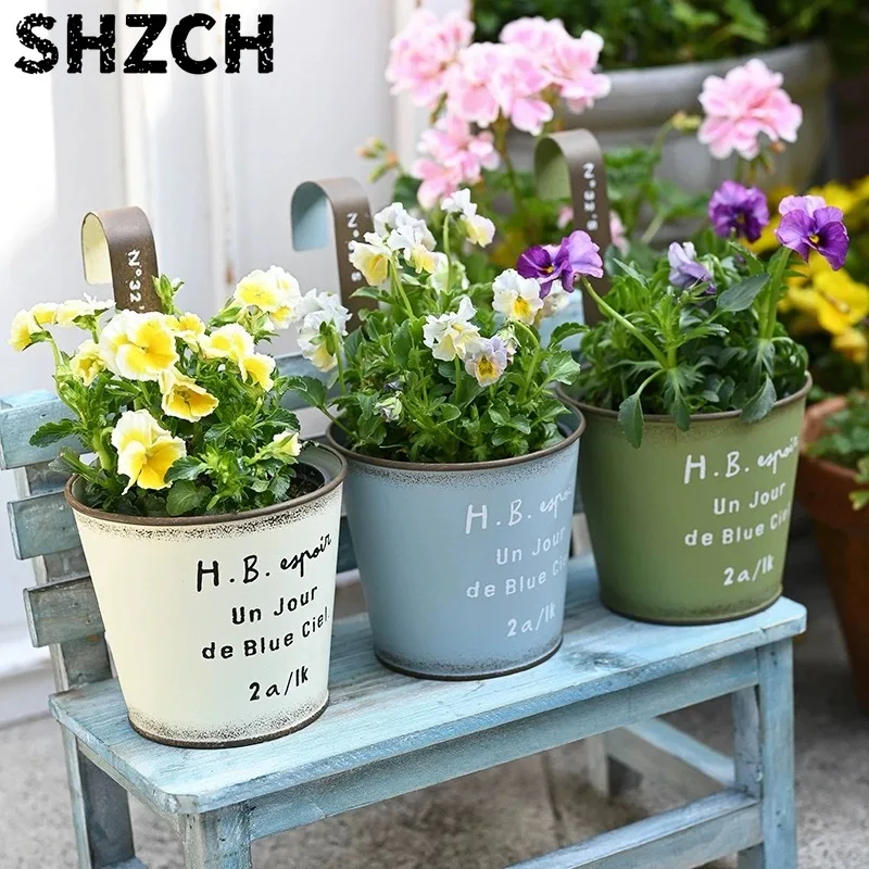 Vintage French Metal Planter Pot with Hook, 18.5 x 14 x 17.5 inches, Set of 3, Blue, Green, White