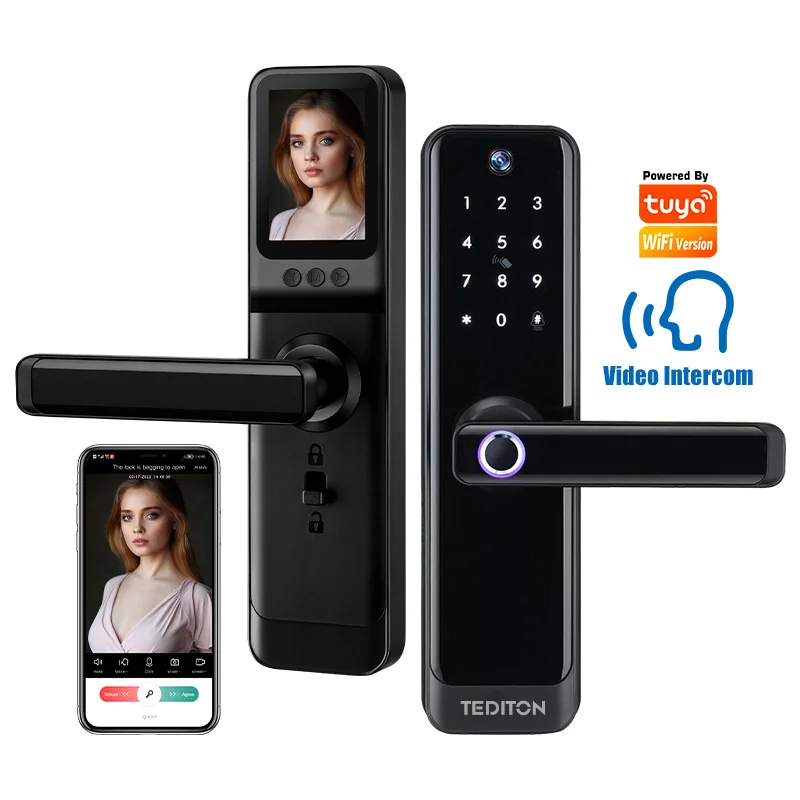 Tediton Built-in Screen Remote Unlock Tuya WiFi fingerprint Digital Electronic Smart Door Lock With Camera