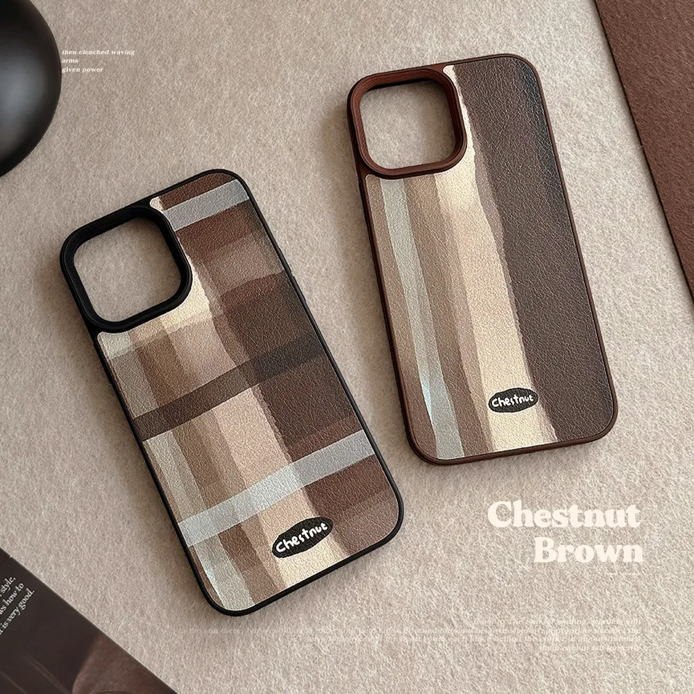 Retro Fashion Maillard Faux leather Irregular Brown Matte Streak Tartan Cover Case for iPhone 11 12 13 14 15 16 Pro Max