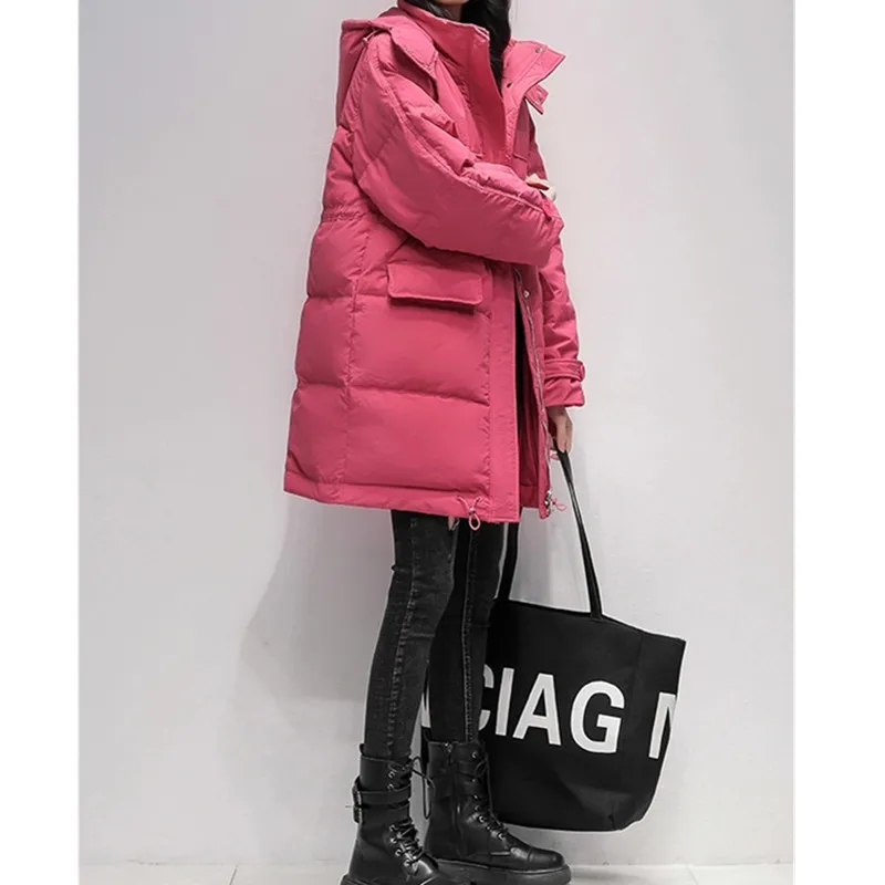 여성용 중간 길이 후드 다운 재킷 겨울 2025 신상 한국 버전 루즈핏 화이트 덕다운 패션 따뜻한 코트 여성용