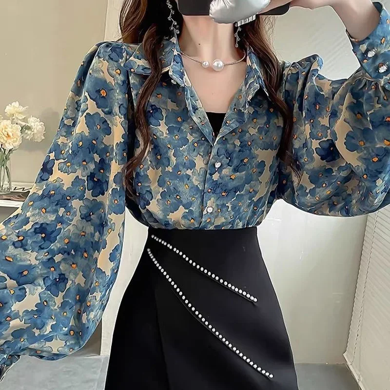 

Легкая роскошная рубашка с длинными рукавами и цветочным принтом, весенне-осенняя повседневная свободная утягивающая рубашка, темпераментная модная одежда для женщин