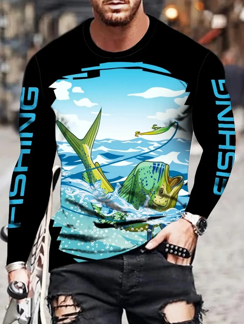 

Outdoor Fishing Graphic T-Shirt Men Round Neck Long Sleeve Men's T-Shirts Quick-Drying Trendy Fishing Print Sport Men's Clothing