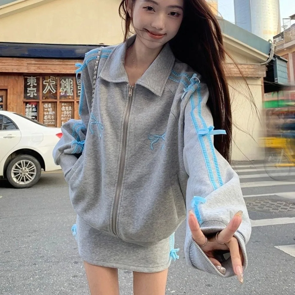 

Lapel Collar Long Sleeved Hooded Y2k Sweet Korean Ins Sweatshirts for Women Clothing Loose Embroidered Bow Jacket Women