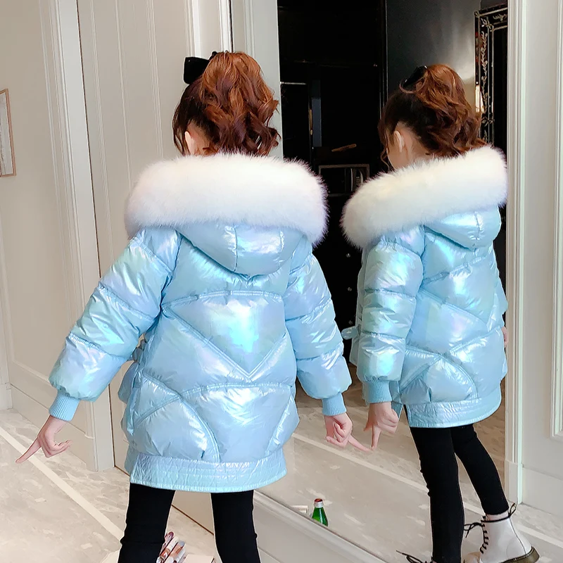 Wash free bright children's winter coat 2022 new luxury design down cotton wool collar hooded coat long sleeve spring autumn