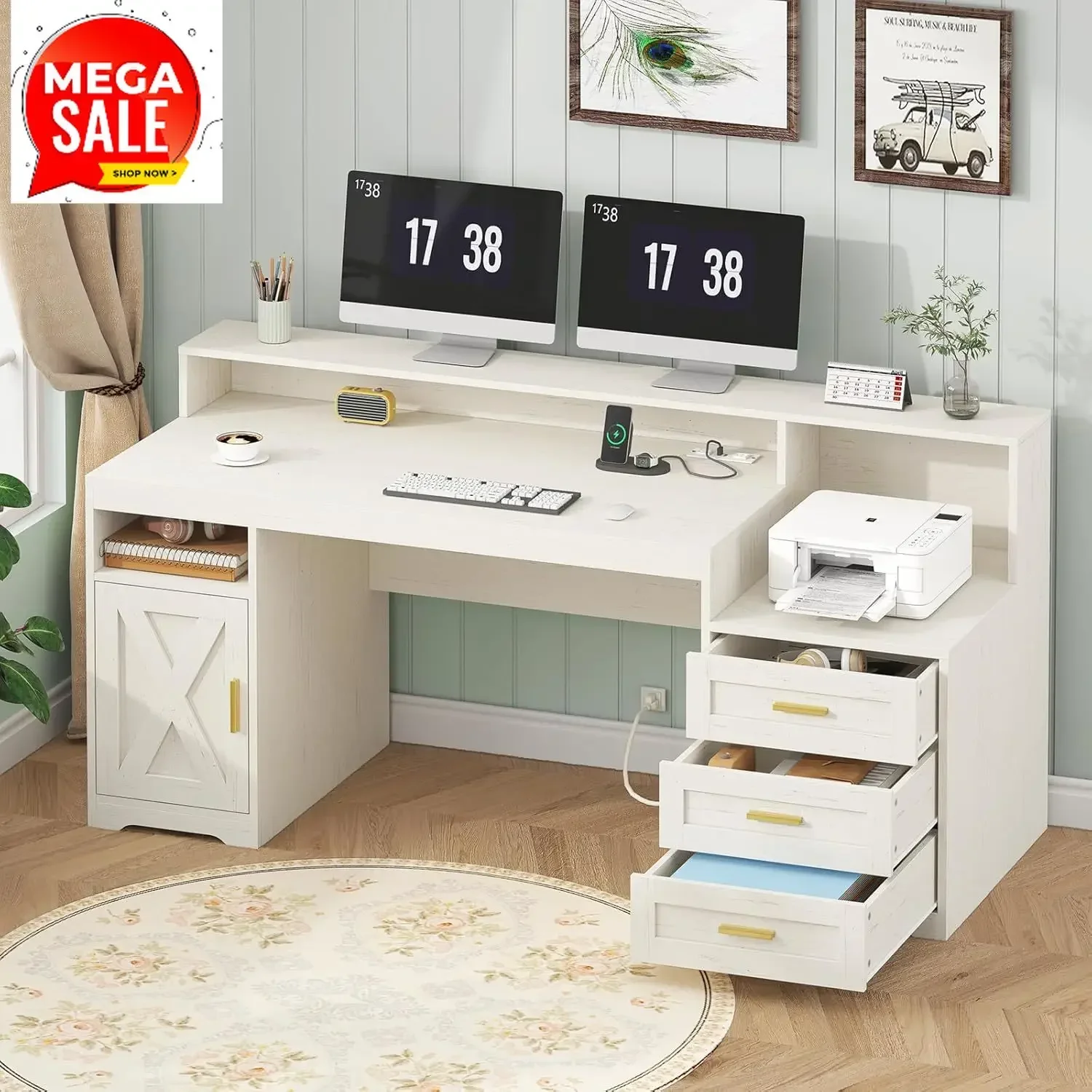 White 65 Inch Farmhouse Home Office Desk With Drawers Power Outlets Storage Cabinet Printer Stand Monitor Stand Study Writing Ta