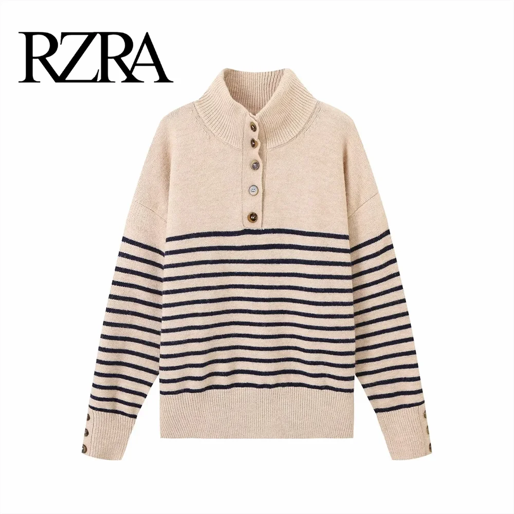 RZRA-Pull à col rond imprimé à rayures pour femmes, sweat à capuche décontracté, haut avec col montant, automne et hiver, nouveau produit