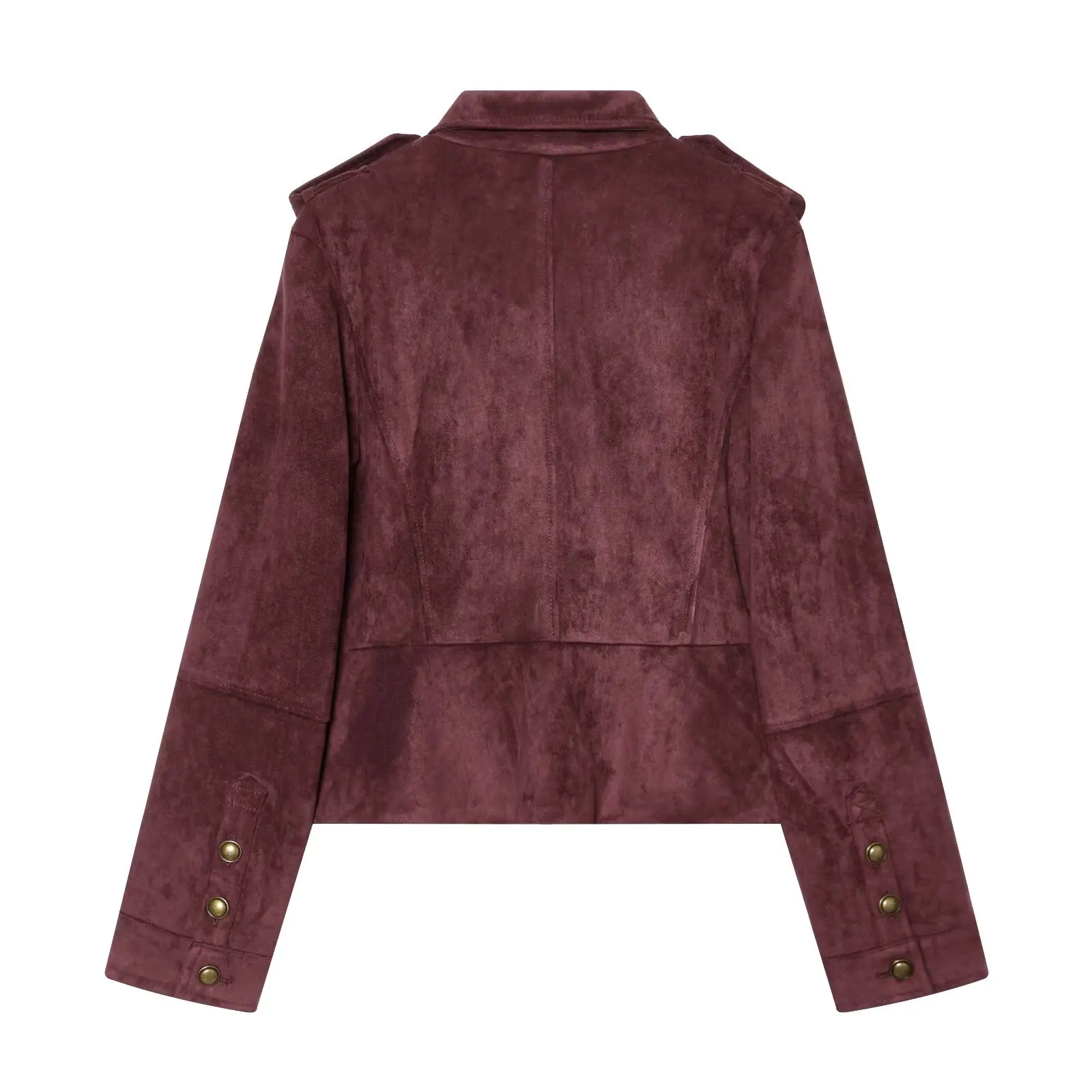 Womens Vintage Wine Red Suede Coat Double Breasted Lapel Collar Shoulder Strap Short Jacket Retro Streetwear Outerwear