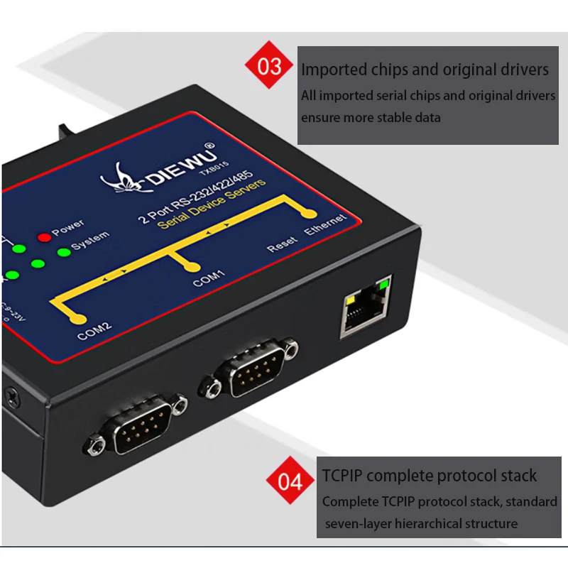 RJ-45 LAN Adapter 10/100Mbps Industrial Grade Serial Device Server serial networking server RS232/485 to 2 Port Ethernet Server