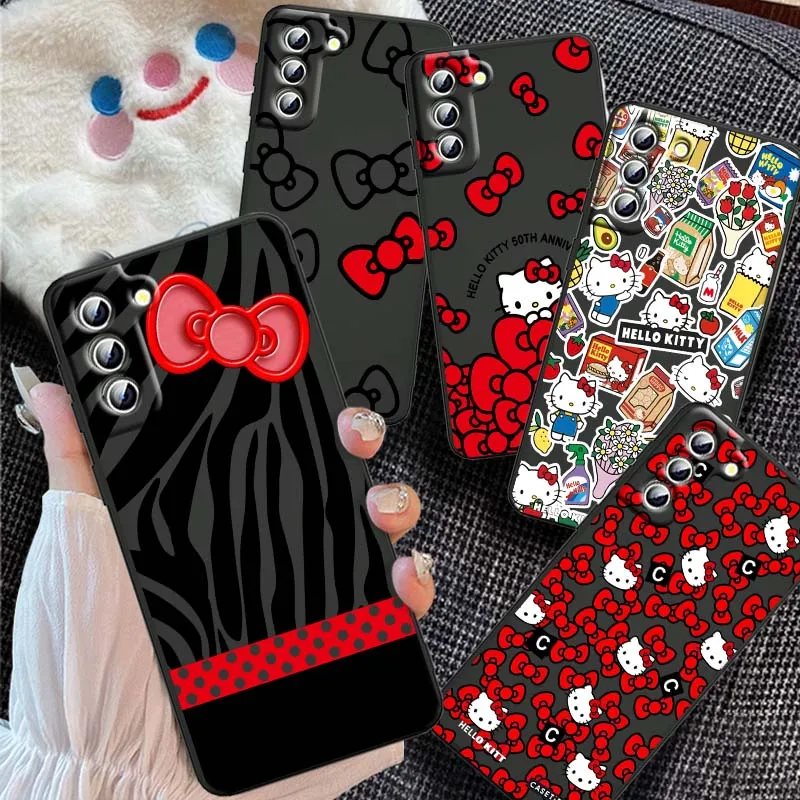

Sanrio Cartoon Hello Kitty bow For Samsung Galaxy S25 S24 S23 S22 S21 S20 S10 Ultra Plus FE 5G Black Soft TPU Cover Phone Case