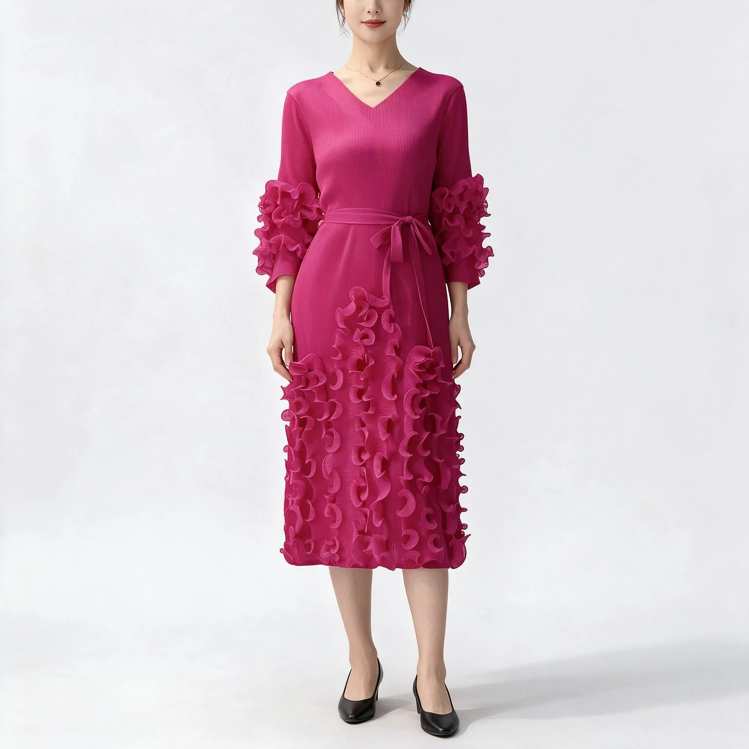 Women 3D Ruffle Pleated Midi Dress, V Neck Long Sleeve Slim Waist Tie Elegant Party Dress, Solid Color Pleated Evening Dress