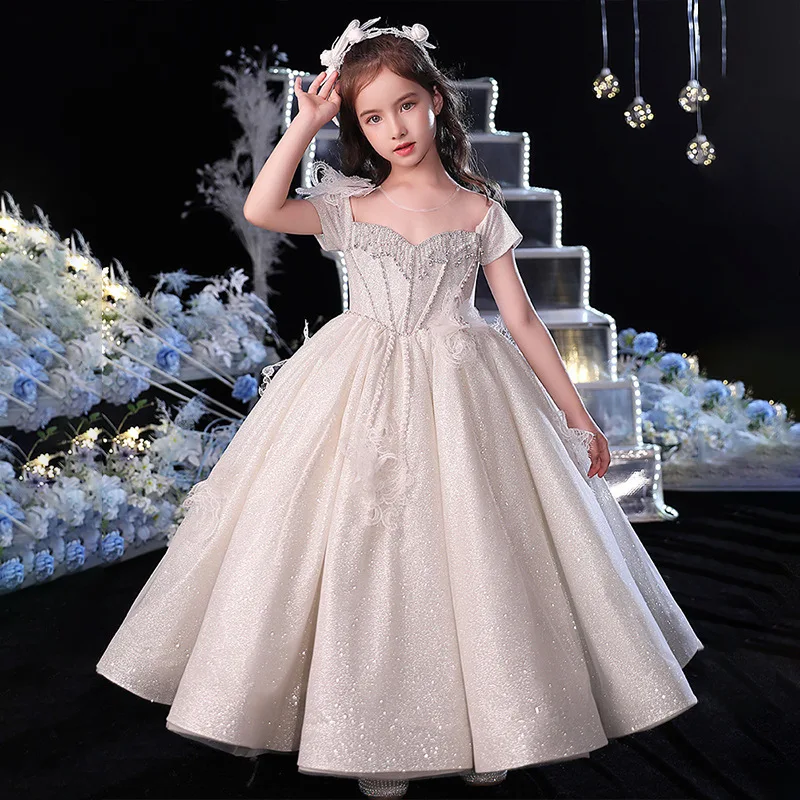 

Children's Formal Princess Gown Flower Wedding Puffy Tulle Dress Girl's Little Host Show Piano Performanc