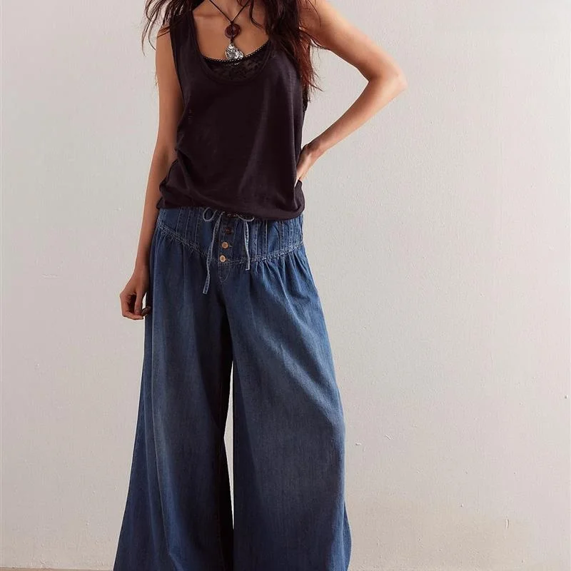 

Loose Wide Leg Pleated Jeans Women's Casual Sle European Faion l Waist Elastici Unclear Fabric Other
