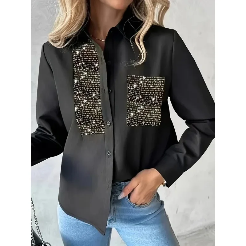 Women\'s Plus Size 1XL-5XL Tops Contrast Sequin Turn Down Fashion Collar Buttoned Top  Blouses for Women