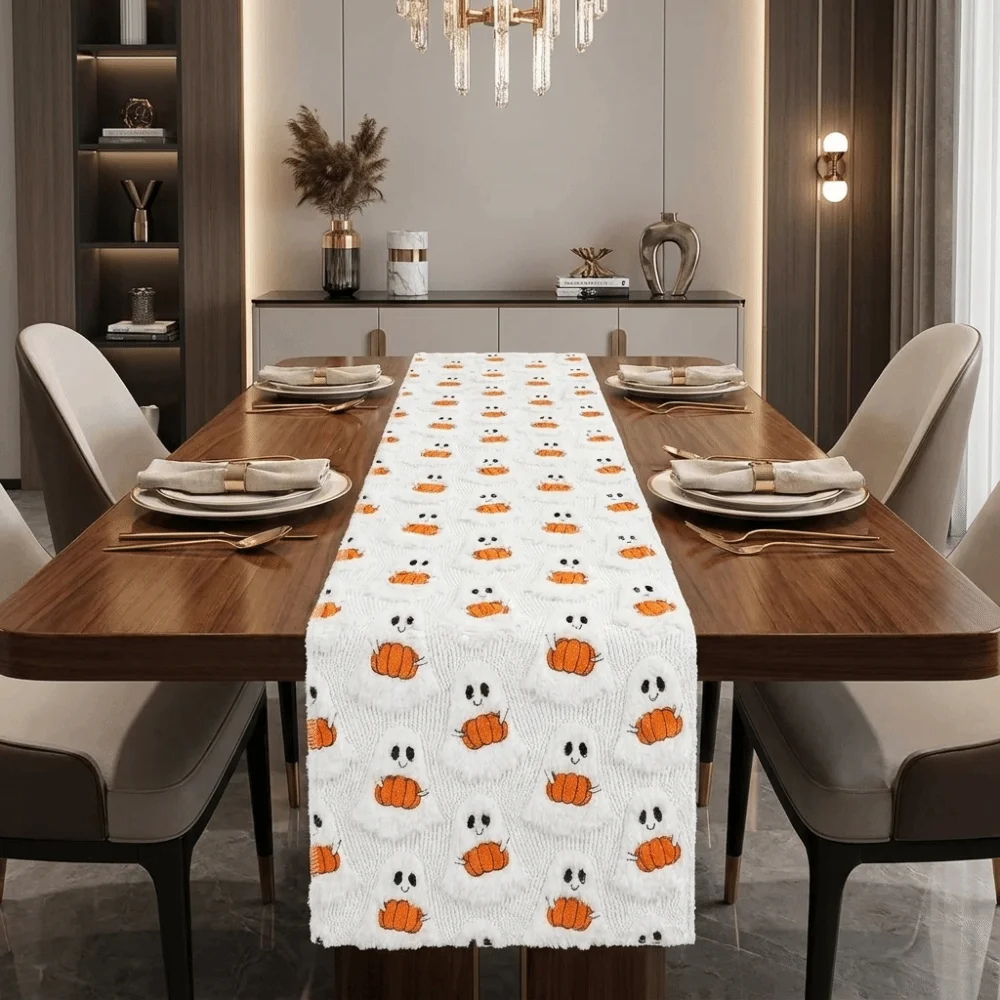 Comfortable Halloween Pumpkin Ghost Table Runner Soft Texture Cartoon Dining Table Cloth Rectangular Cute Spooky Long Tablecloth