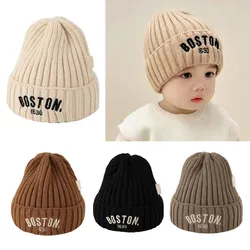 Gorro de punto con letras para bebé, gorro cálido de color sólido, estilo coreano, Vintage, bordado, estilo BOSTON, nuevo, para invierno