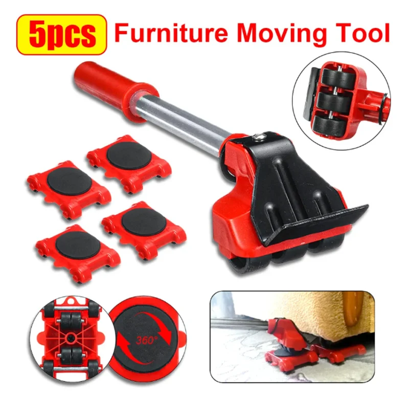 5Pcs/Set Heavy Duty Furniture Lifter Mover Roller with Wheel Bar Moving Device Lifting Helper Furniture Moving Transport Tool