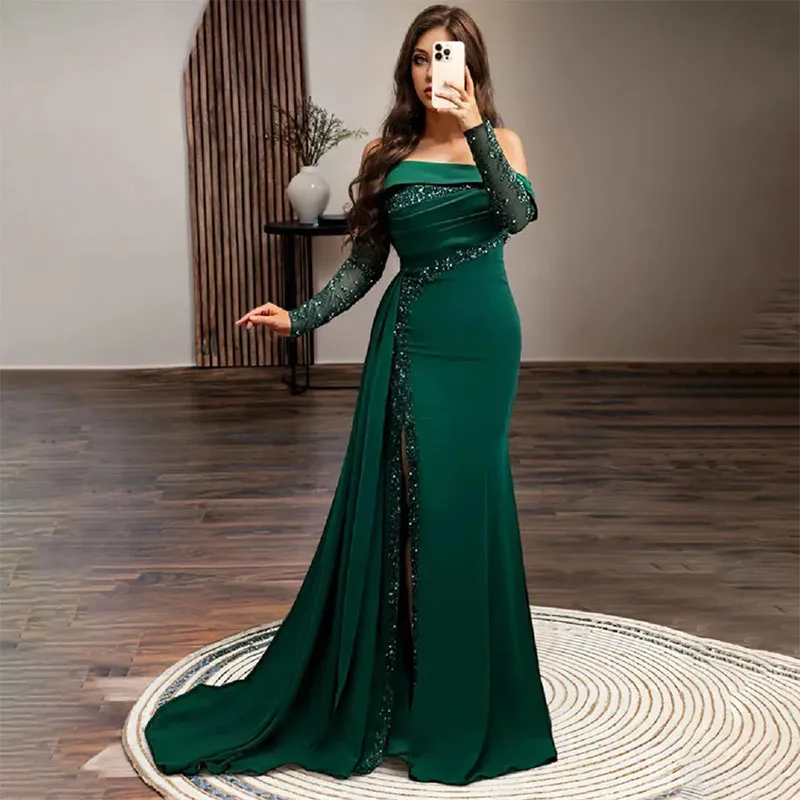 Elegant Mermaid Sequins Sleeves Evening Dress Side Split Floor Length Prom Dress Customize Special Occasions 2024