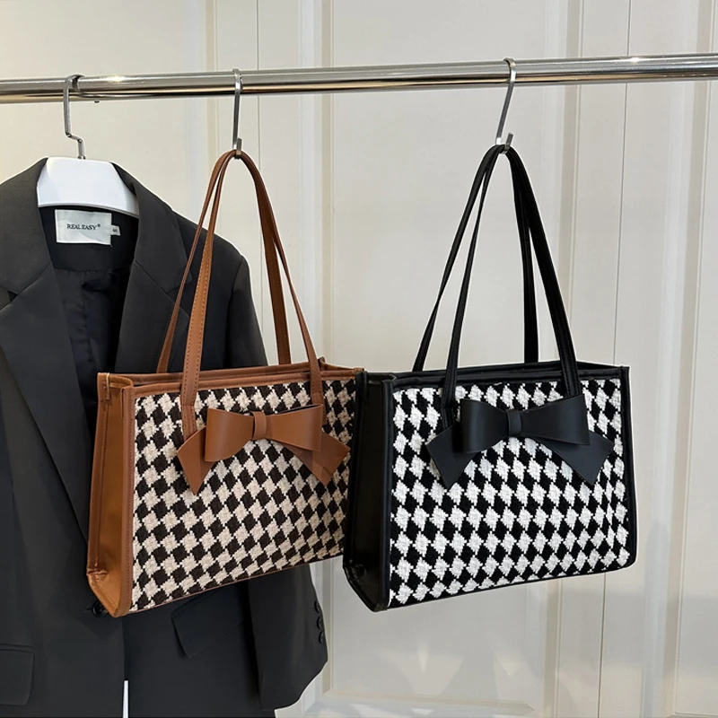 

Ladies' Shoulder Bags Korean Bow Plaid Fashionable Versatile Sweet Tote Bags Large Capacity Luxury Brand New Handbags For Girl