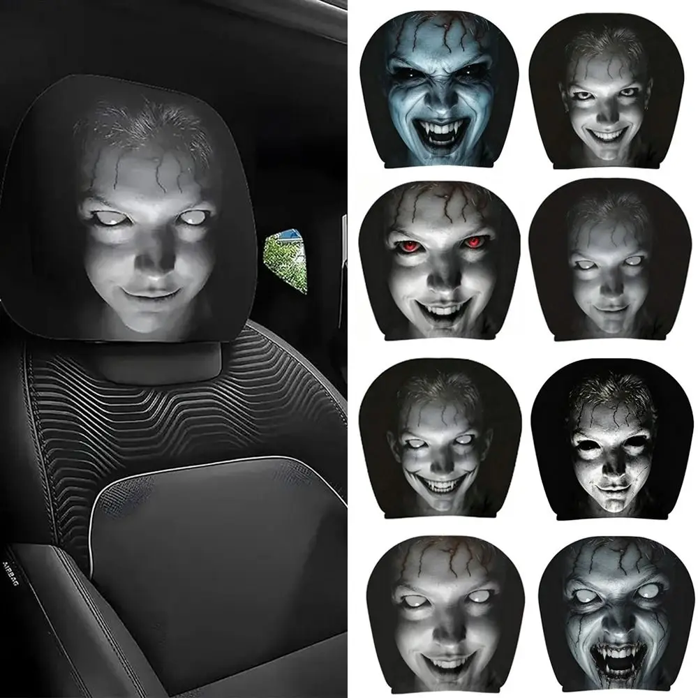 2Pcs Elastic Car Headrest Cover Scary Face Printing Black Car Seat Cover Breathable Dust-proof Car Headrest Protector