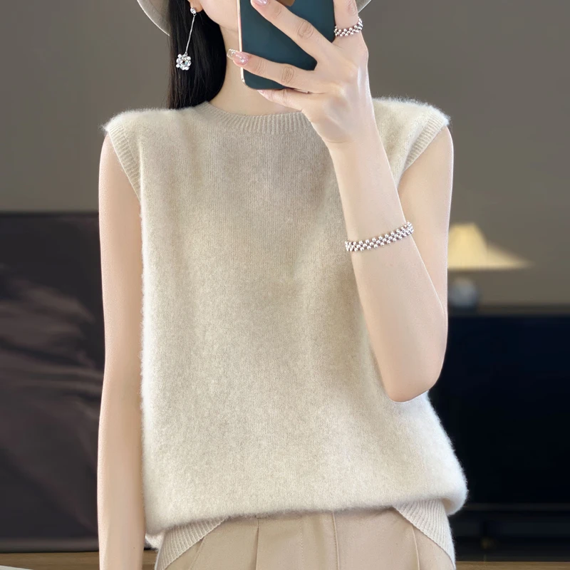 ZYCZCXX 100% Merino Wool women's sleeveless pullover O neck sweater Korean fashion simple basic sweater women's knitted T-shirt