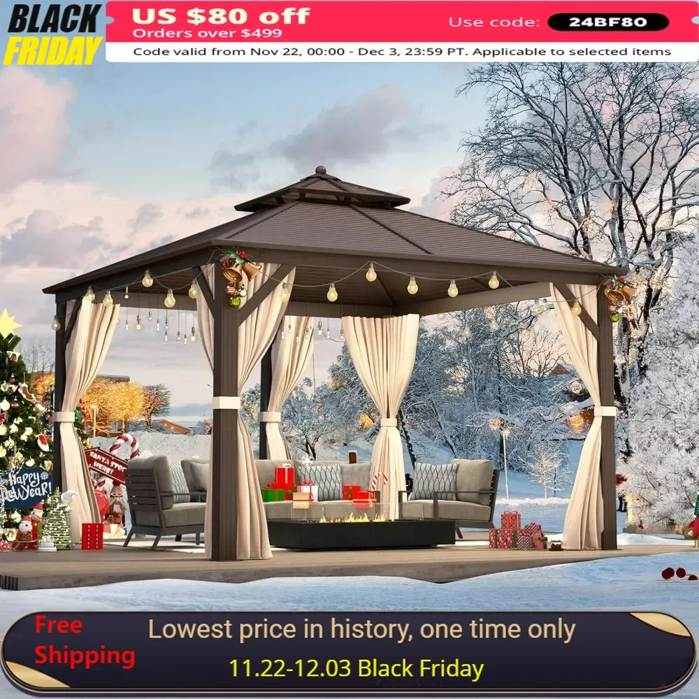 

12' X 12' Hardtop Aluminum Gazebo,with Aluminum Frame,with Curtains And Netting, Galvanized Steel Double Roof Metal Gazebo