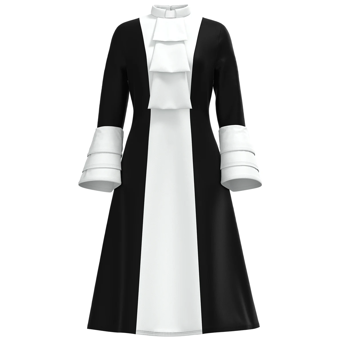 

Church Clergy Dress for Women Minister A Line Long Sleeve Black White Patchwork Dress with Tab Collar