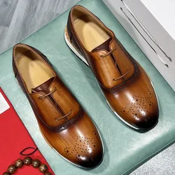 British Style Man Oxford Shoes Luxury Wingtip Brogue Shoes For Men Genuine Leather Lace-Up Casual Daily Outdoor Footwear