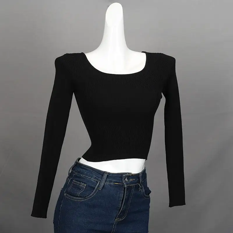 

Облегающая футболка с длинным свечом и квадратным воротником, женская футболка в Корейском стиле, топ для внутренней одежды Pure Desire на осень