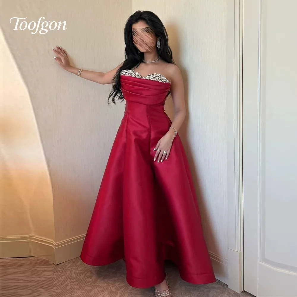 Toofgon 恋人レッドウエディングドレスサテンクリスタルビーズパーティードレス A ラインレースアップバックイブニングドレス女性カスタマイズ