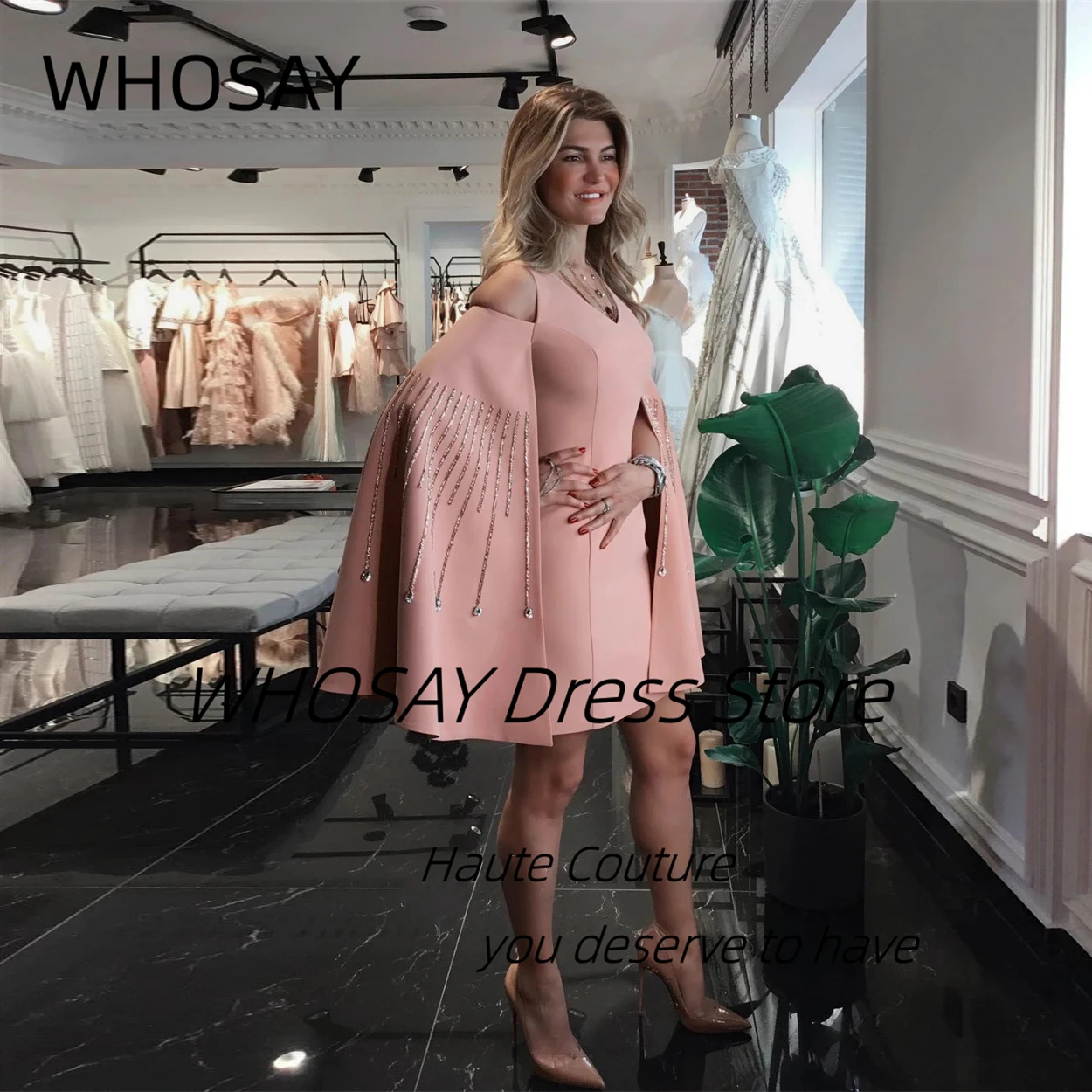 WHOSAY Customized Beaded Flutter Sleeves Prom Dresses Zipper Back Special Occasion Dress Mini Satin Robe Des Cocktail Party Gown