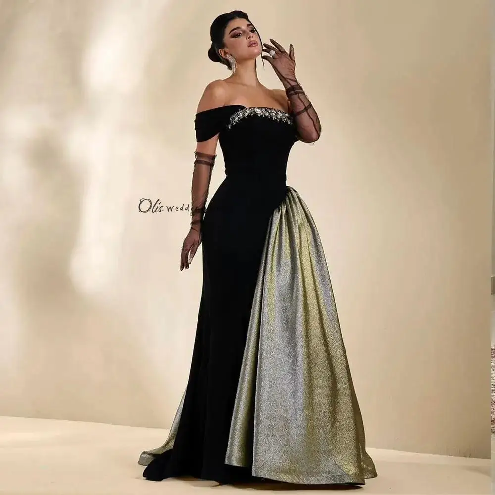 customized Rose Novias Vintage Party Dress Off Shoulder Crystal Velvet Saudi Arabian Women's Prom Gown Brush Train Dubai Evening