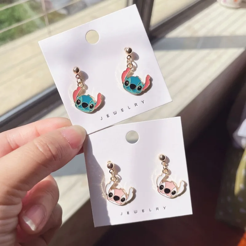 Pendientes de Lilo y Stitch de dibujos animados de Disney para niña, accesorios para estudiantes, joyería de fiesta de plata de una pieza