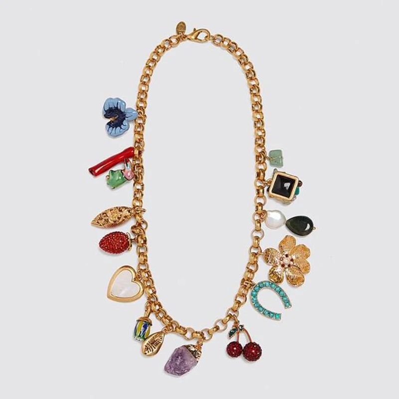 Vintage Jewelry Gold Color Acrylic Crystal Stone Coral Pearl Flower Heart Multi Pendant Charms Statement Necklace for Women