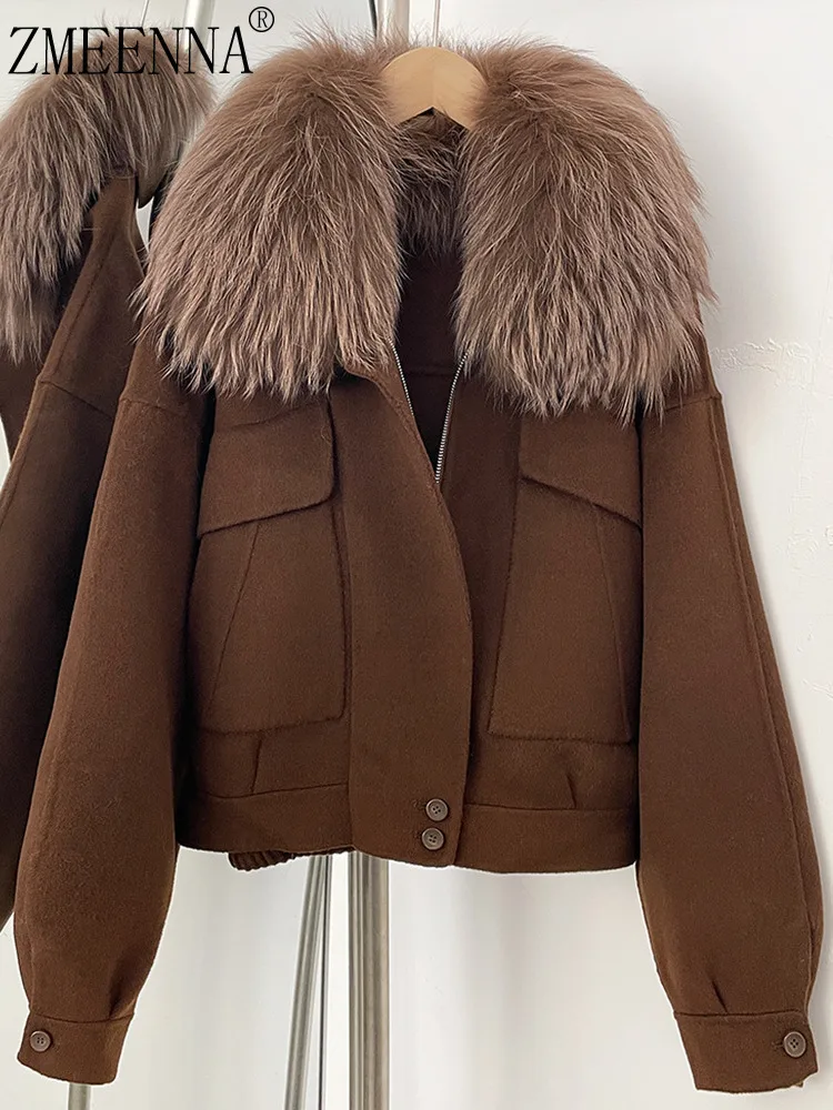

ZMEENNA Wool Blend Jacket For Women With Oversized Faux Fur Collar And Pockets Stylish And Warm Winter Outerwear ZM4044