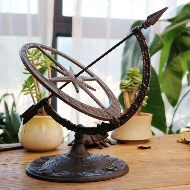 Antique Cast Iron Sundial Sculpture Handmade Celestial Decor with Roman Numerals for Study Library Office Desk Vintage Ornament