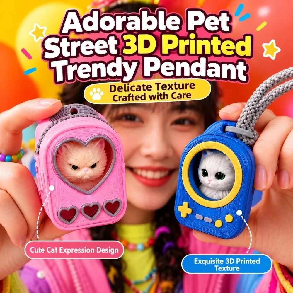 PLA 3D-gedruckter Schlüsselanhänger, leuchtende Farbtöne, starre Hülle, Mini-Rucksack-Anhänger, leicht, trendiger Taschenanhänger, Katzenliebhaber – Detail 10