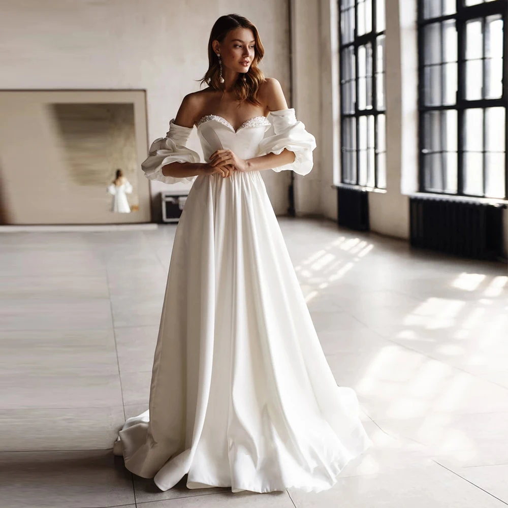 Strapless Long Sleeve Wedding Dresses Satin Women's Elegant Sweetheart A-Line Backless Bridal Gowns Bubble Sleeve Robe De Mariée