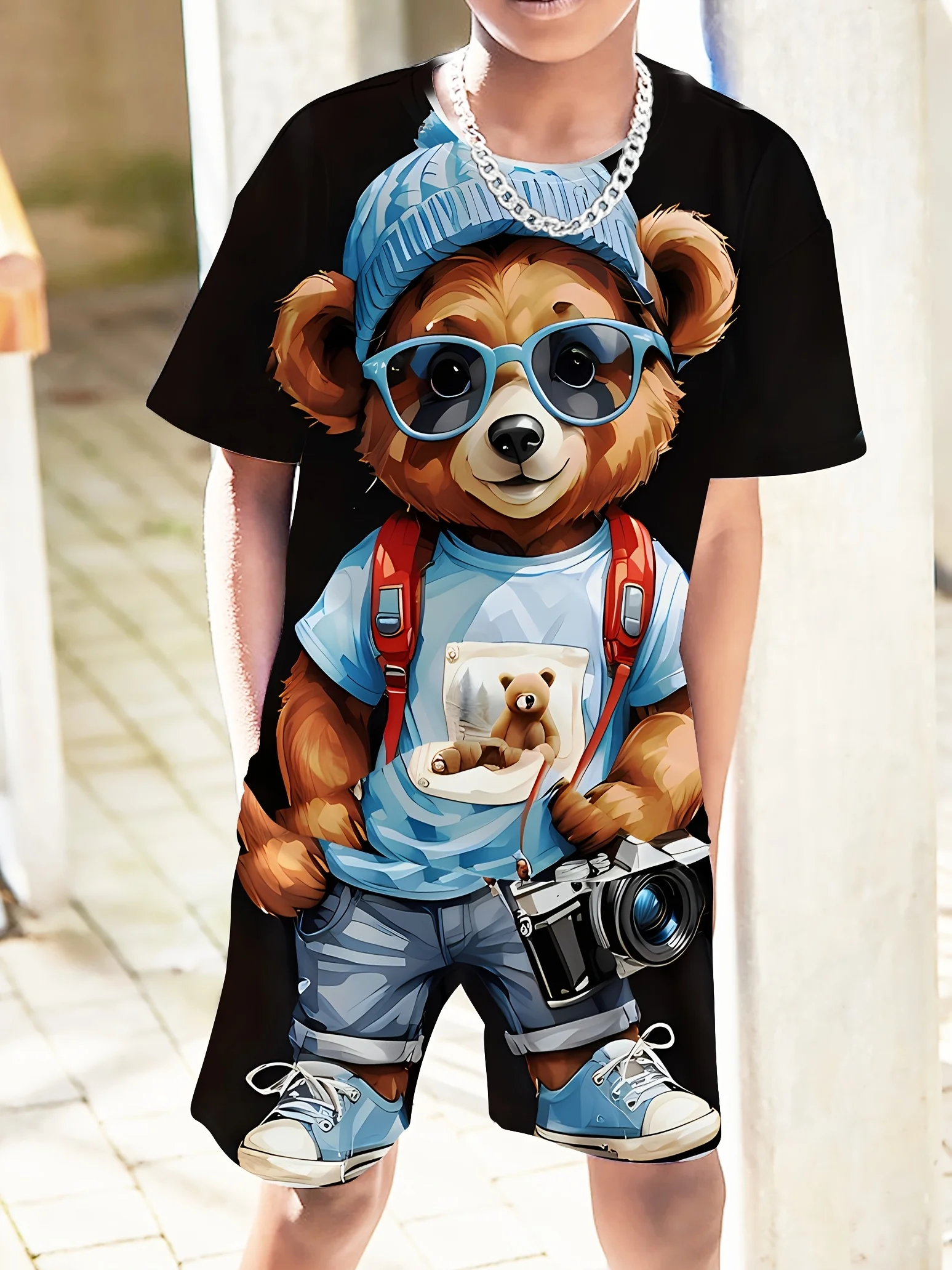 

Boys' 3D Teddy Bear Printed Casual Wear, Breathable Polyester Blend, Short Sleeved T-shirt and Shorts Set,