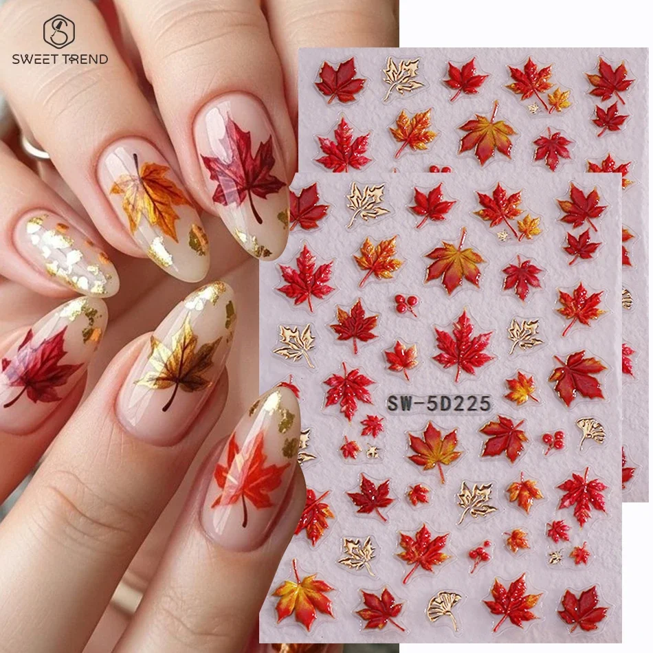2pcs 5D Embossed Maple Leaf Nail Art Stickers Autumn Red Maple Leaf Gold Vein Self-Adhesive Nail Decals Fall Manicure Decoration