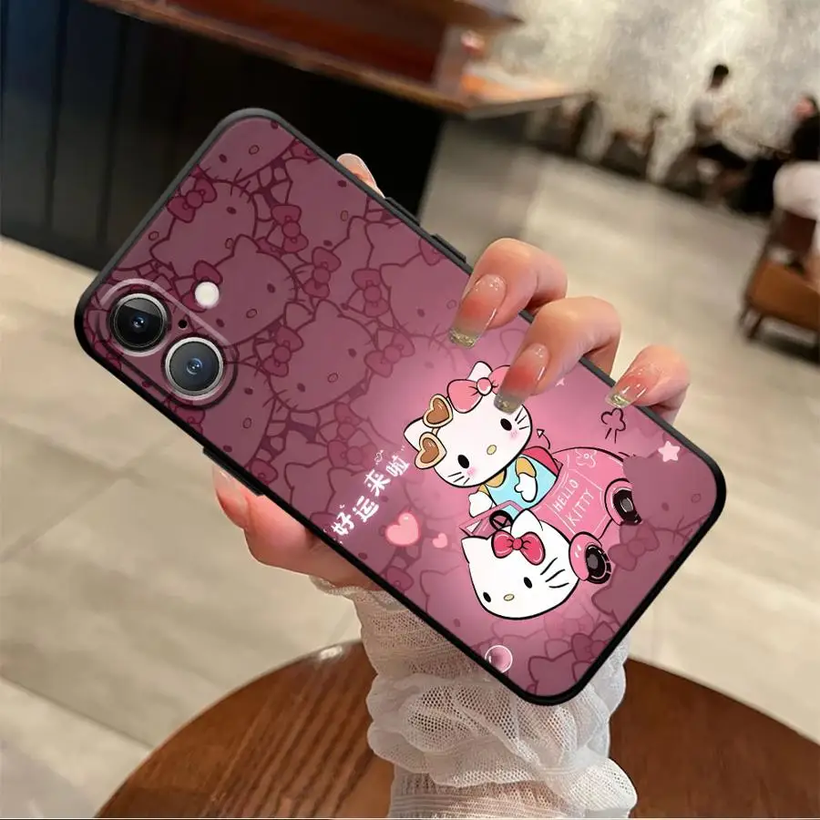 블랙 소프트 폰 커버 케이스 아이폰 15 16 14 플러스 XS 맥스 13 12 11 17 프로 맥스 7 8 XR 17에어 레오파드 키티 산리오